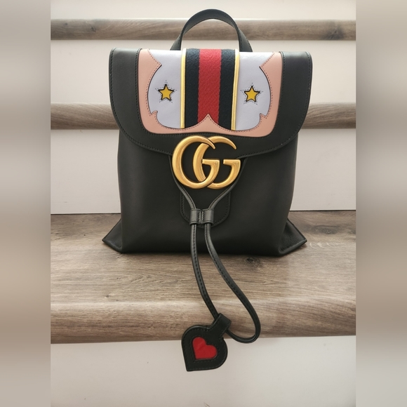 Gucci Calfskin Web GG Marmont Flap Chain Backpack Black - Picture 2 of 9